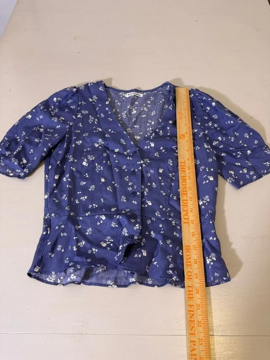 Reformation Ama Floral Puff Sleeve Button Front Top Blue Size S Romantic Blouse - Picture 4 of 11